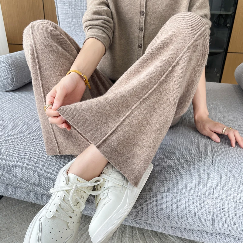 ANGEL 100% Merino Wool Women's Mid Seam Pants Autumn Winter Casual Soft Warm Cashmere Knitted Trousers New Fashion Cosy Pants