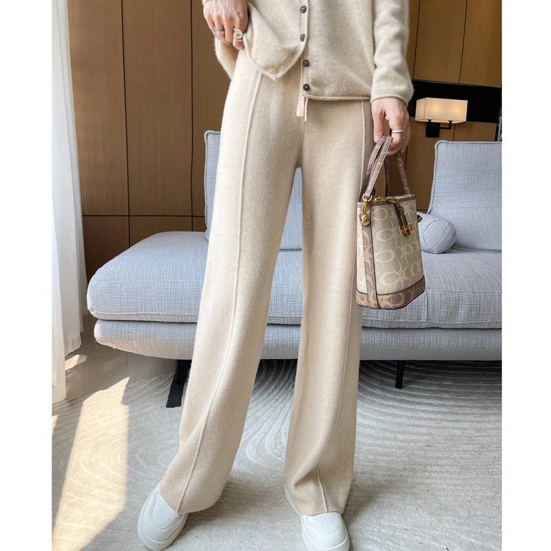 ANGEL 100% Merino Wool Women's Mid Seam Pants Autumn Winter Casual Soft Warm Cashmere Knitted Trousers New Fashion Cosy Pants