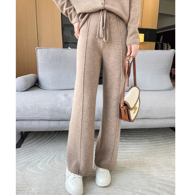 ANGEL 100% Merino Wool Women's Mid Seam Pants Autumn Winter Casual Soft Warm Cashmere Knitted Trousers New Fashion Cosy Pants