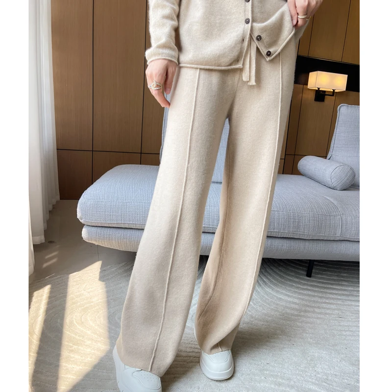 ANGEL 100% Merino Wool Women's Mid Seam Pants Autumn Winter Casual Soft Warm Cashmere Knitted Trousers New Fashion Cosy Pants
