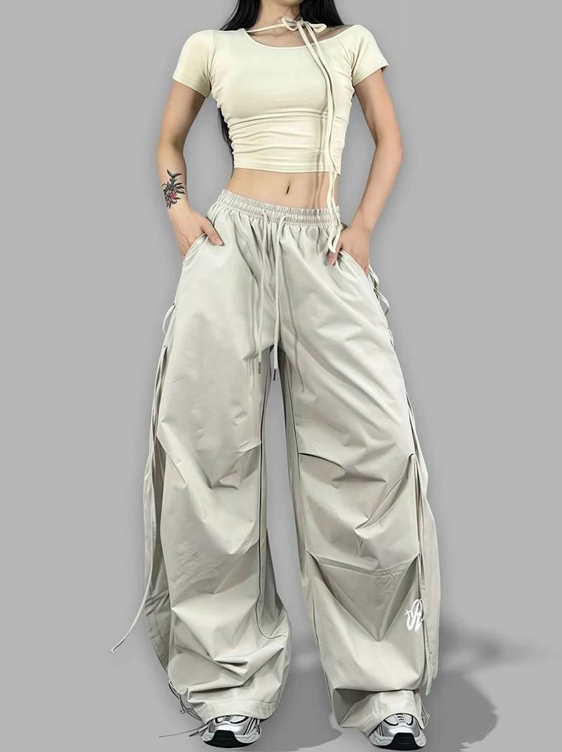 American Streetwear Jogging Cargo Pants Women High Waist Side Straps Loose Punk Wide Leg Trousers Fashion Hip Hop Parachute Pant