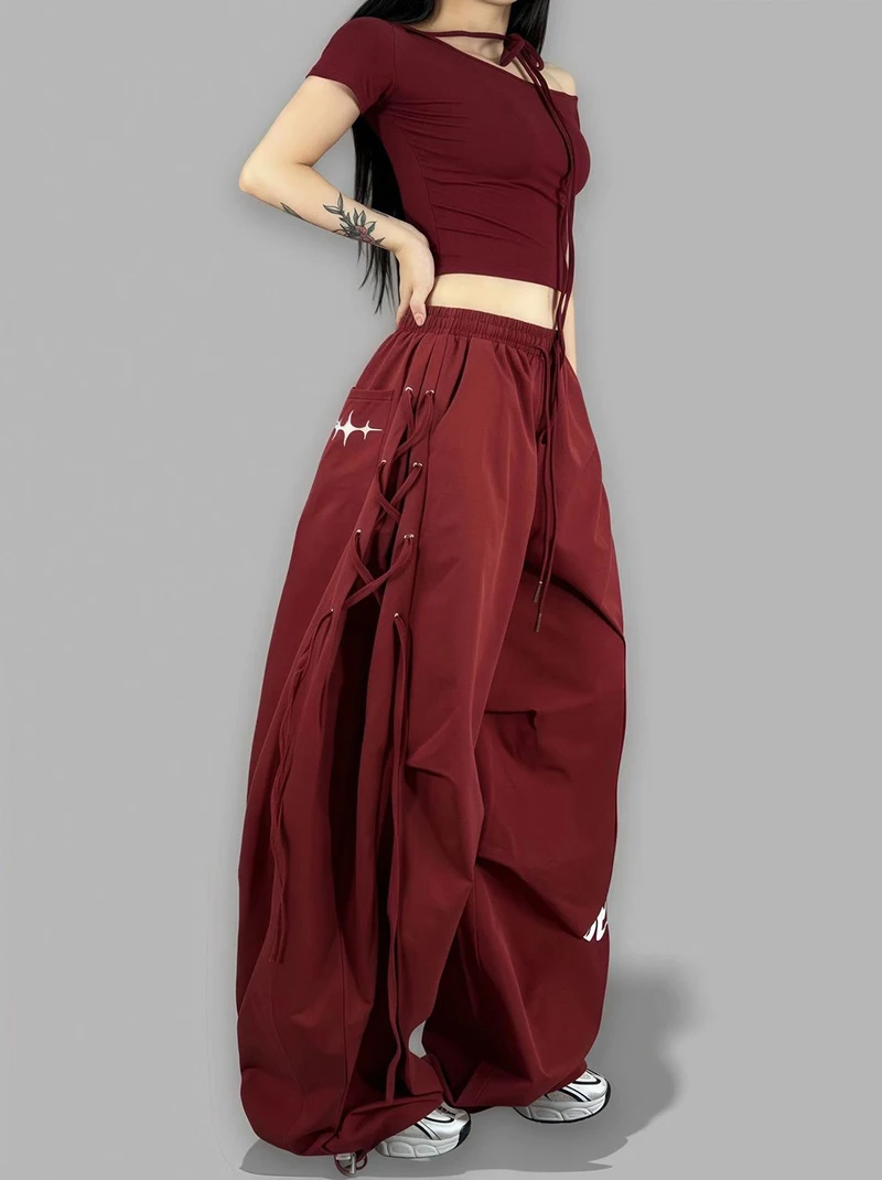 American Streetwear Jogging Cargo Pants Women High Waist Side Straps Loose Punk Wide Leg Trousers Fashion Hip Hop Parachute Pant