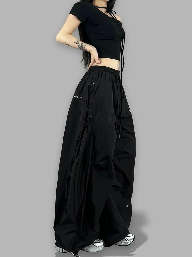 American Streetwear Jogging Cargo Pants Women High Waist Side Straps Loose Punk Wide Leg Trousers Fashion Hip Hop Parachute Pant