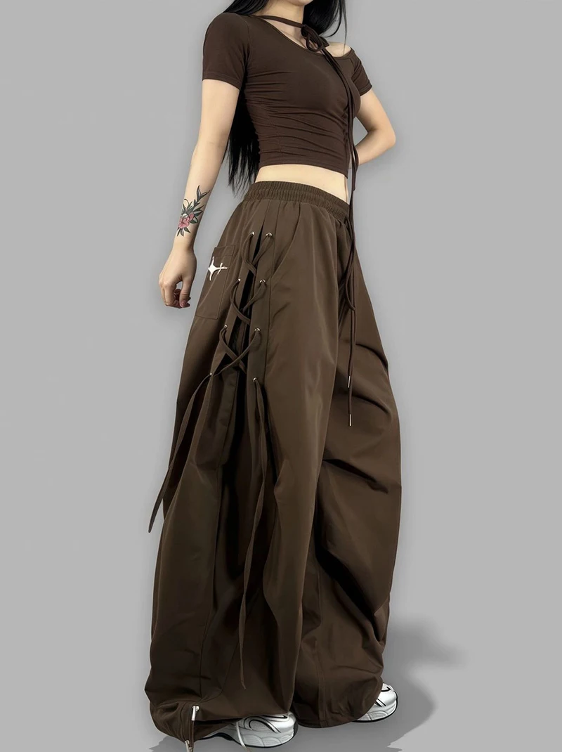 American Streetwear Jogging Cargo Pants Women High Waist Side Straps Loose Punk Wide Leg Trousers Fashion Hip Hop Parachute Pant