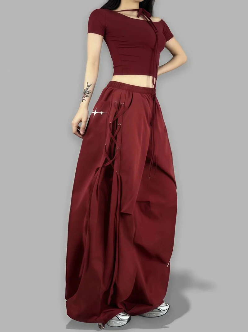 American Streetwear Jogging Cargo Pants Women High Waist Side Straps Loose Punk Wide Leg Trousers Fashion Hip Hop Parachute Pant