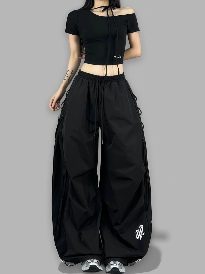 American Streetwear Jogging Cargo Pants Women High Waist Side Straps Loose Punk Wide Leg Trousers Fashion Hip Hop Parachute Pant