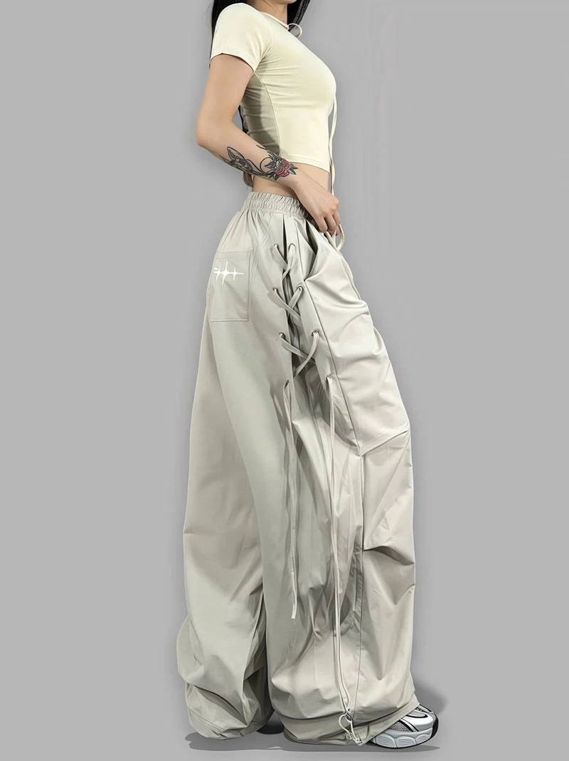 American Streetwear Jogging Cargo Pants Women High Waist Side Straps Loose Punk Wide Leg Trousers Fashion Hip Hop Parachute Pant