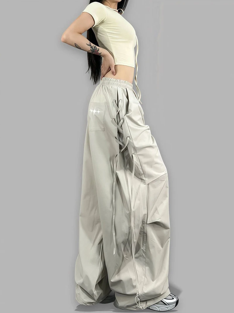American Streetwear Jogging Cargo Pants Women High Waist Side Straps Loose Punk Wide Leg Trousers Fashion Hip Hop Parachute Pant
