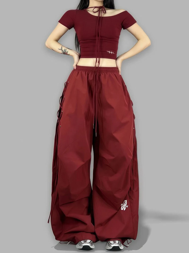 American Streetwear Jogging Cargo Pants Women High Waist Side Straps Loose Punk Wide Leg Trousers Fashion Hip Hop Parachute Pant