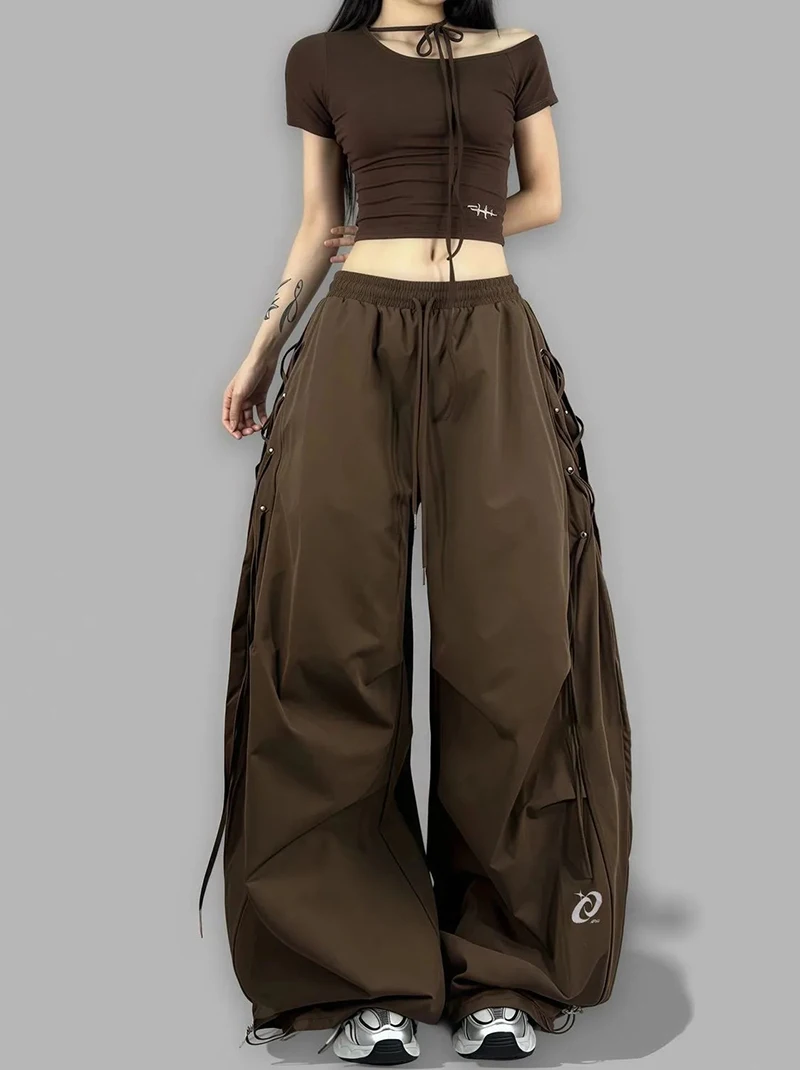 American Streetwear Jogging Cargo Pants Women High Waist Side Straps Loose Punk Wide Leg Trousers Fashion Hip Hop Parachute Pant