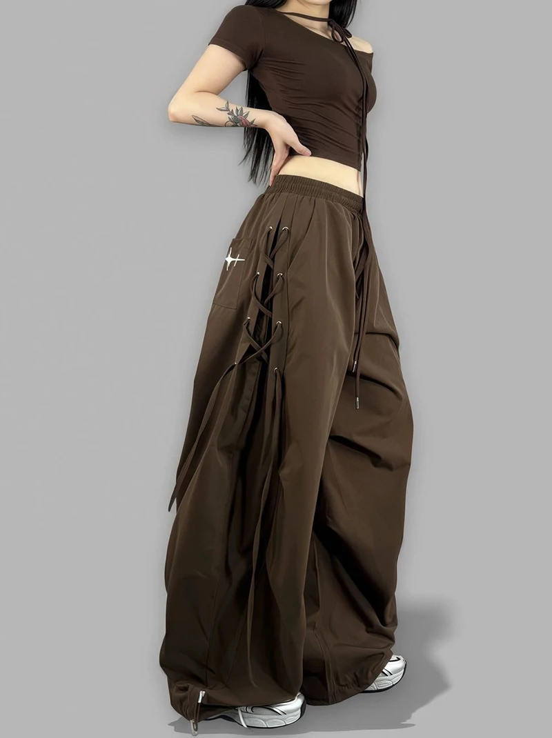 American Streetwear Jogging Cargo Pants Women High Waist Side Straps Loose Punk Wide Leg Trousers Fashion Hip Hop Parachute Pant