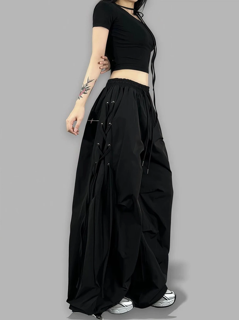 American Streetwear Jogging Cargo Pants Women High Waist Side Straps Loose Punk Wide Leg Trousers Fashion Hip Hop Parachute Pant