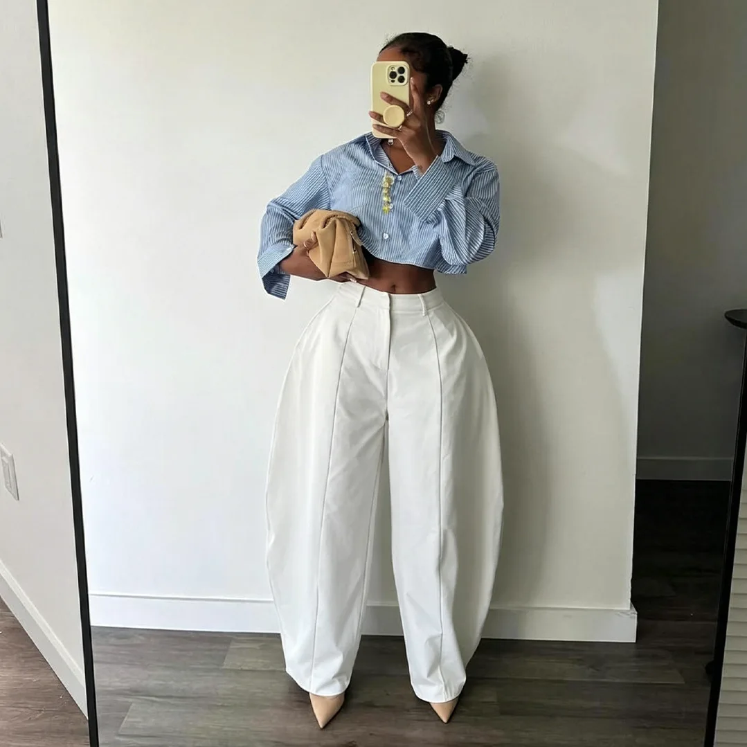Women High Waist Barrel Wide Leg Pants Front Seam Straight Curved Baggy Trousers Casual Oversized Loose Balloon Pants Bottoms
