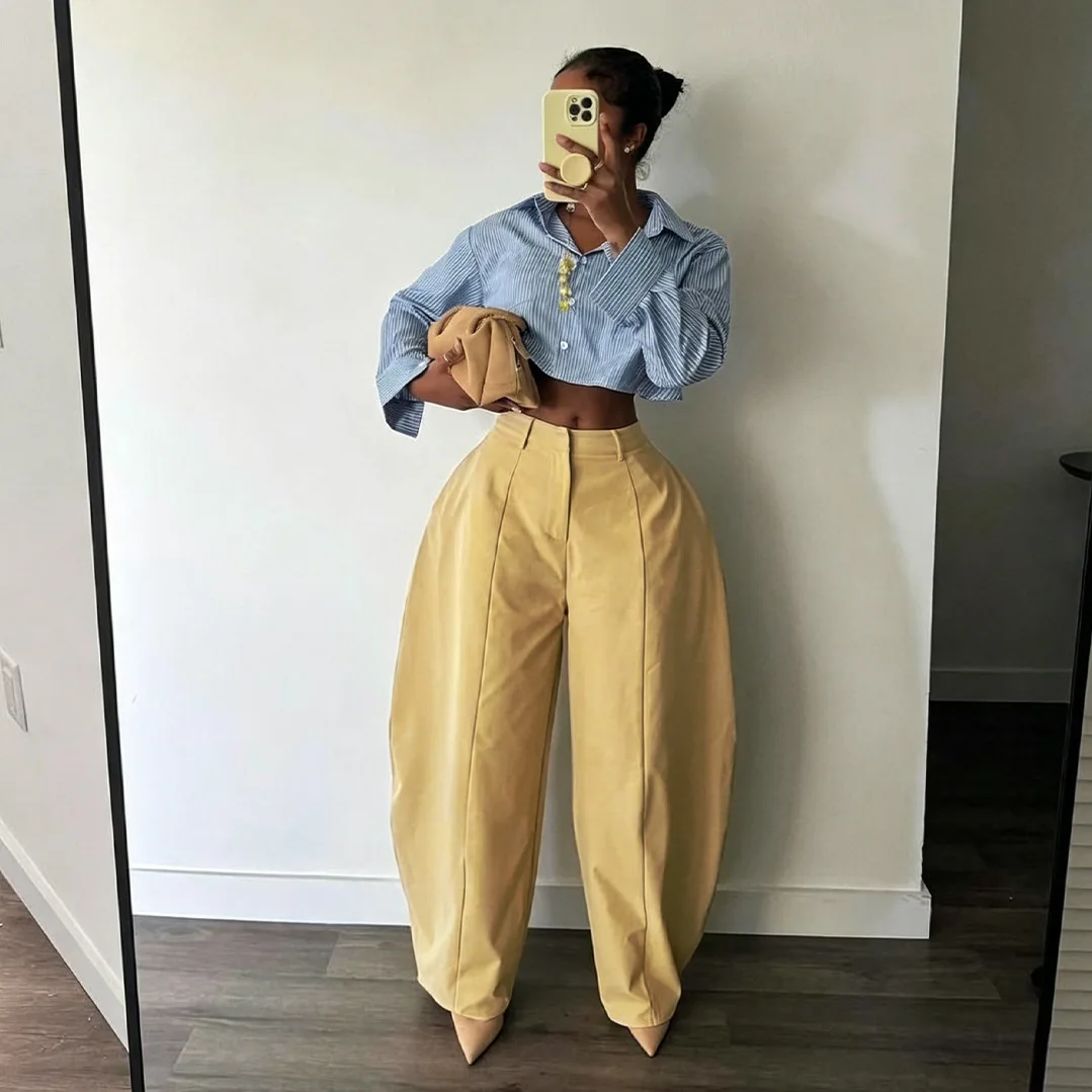 Women High Waist Barrel Wide Leg Pants Front Seam Straight Curved Baggy Trousers Casual Oversized Loose Balloon Pants Bottoms