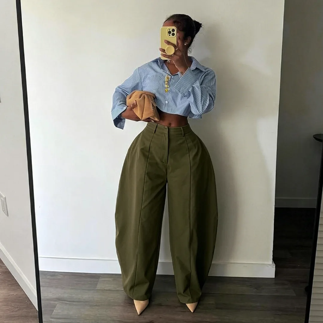 Women High Waist Barrel Wide Leg Pants Front Seam Straight Curved Baggy Trousers Casual Oversized Loose Balloon Pants Bottoms