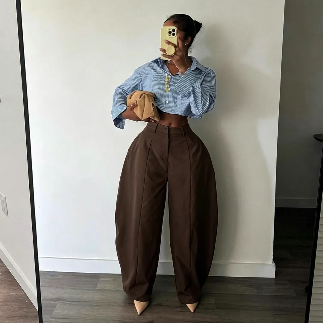 Women High Waist Barrel Wide Leg Pants Front Seam Straight Curved Baggy Trousers Casual Oversized Loose Balloon Pants Bottoms