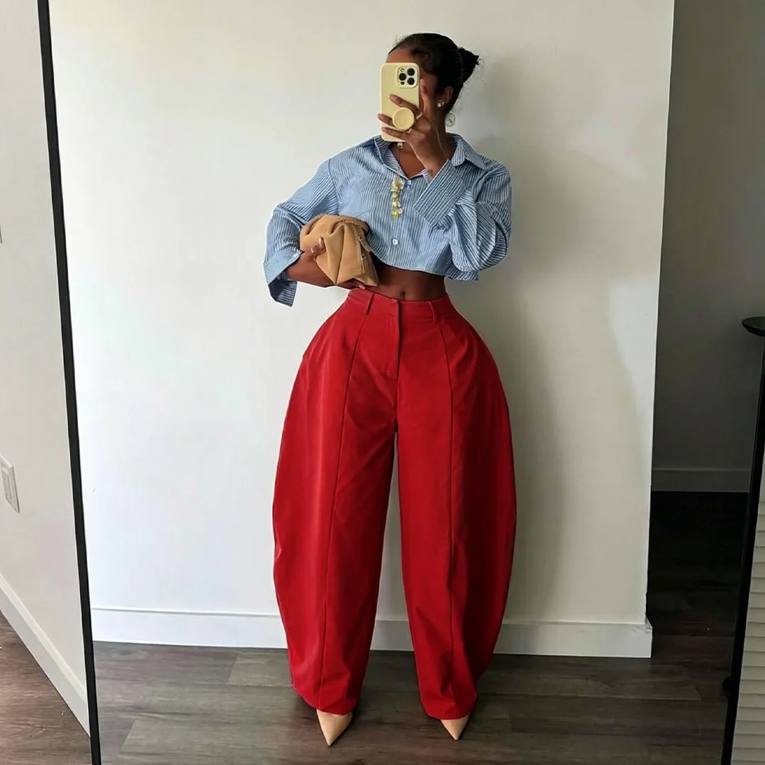 Women High Waist Barrel Wide Leg Pants Front Seam Straight Curved Baggy Trousers Casual Oversized Loose Balloon Pants Bottoms