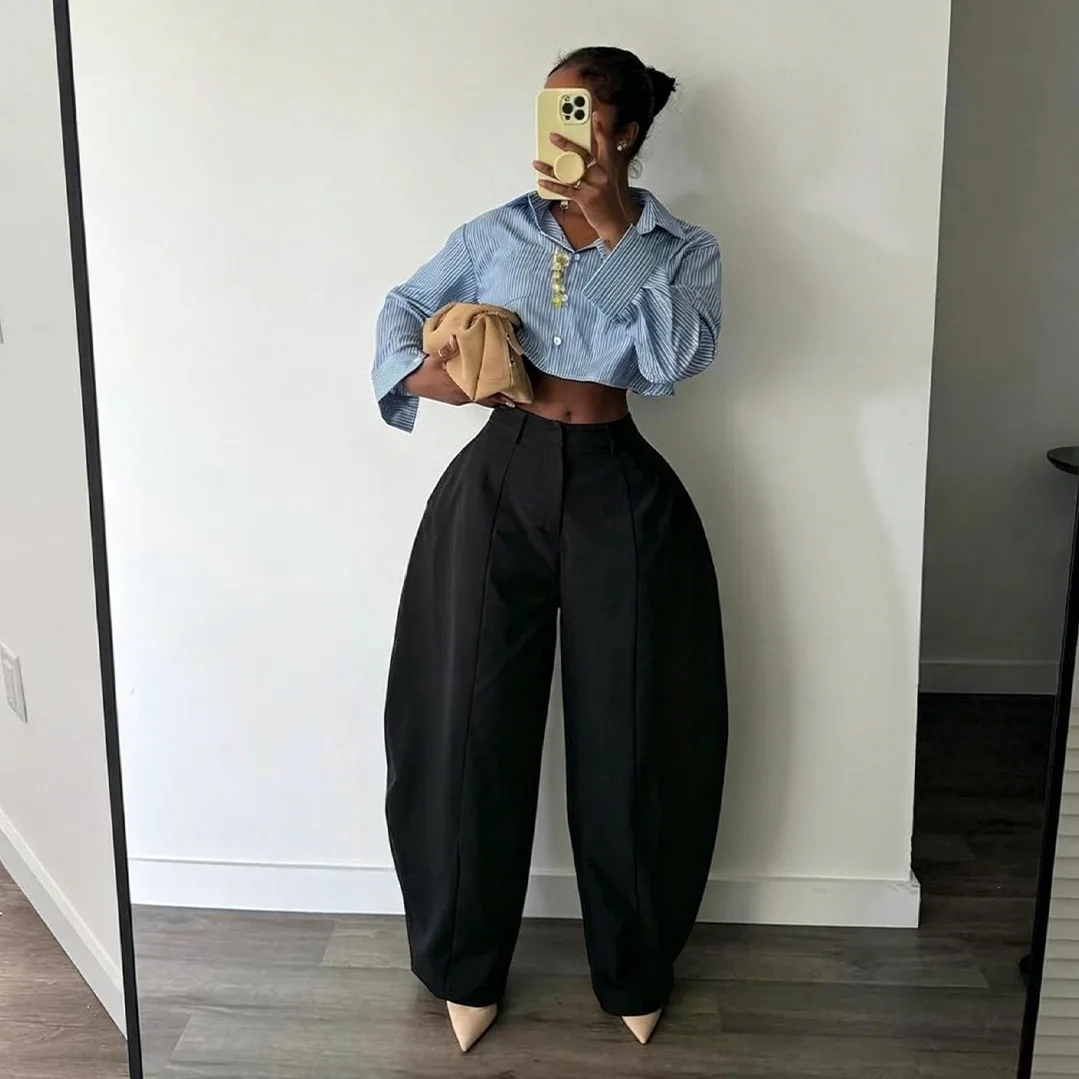Women High Waist Barrel Wide Leg Pants Front Seam Straight Curved Baggy Trousers Casual Oversized Loose Balloon Pants Bottoms