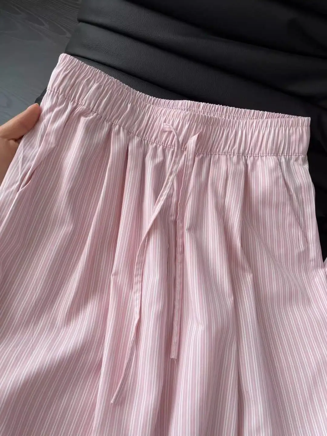 5XL Korean Striped Pockets Full Length Pants Women Spring Summer Thin High Waist Drawstring Loose Casual Straight Trousers