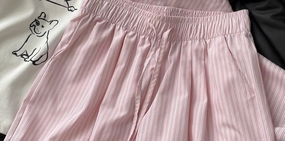 5XL Korean Striped Pockets Full Length Pants Women Spring Summer Thin High Waist Drawstring Loose Casual Straight Trousers