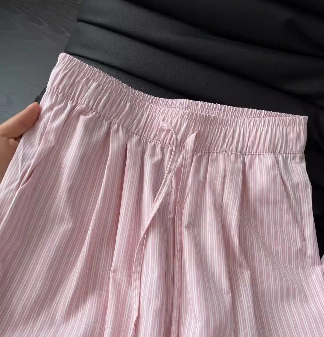 5XL Korean Striped Pockets Full Length Pants Women Spring Summer Thin High Waist Drawstring Loose Casual Straight Trousers