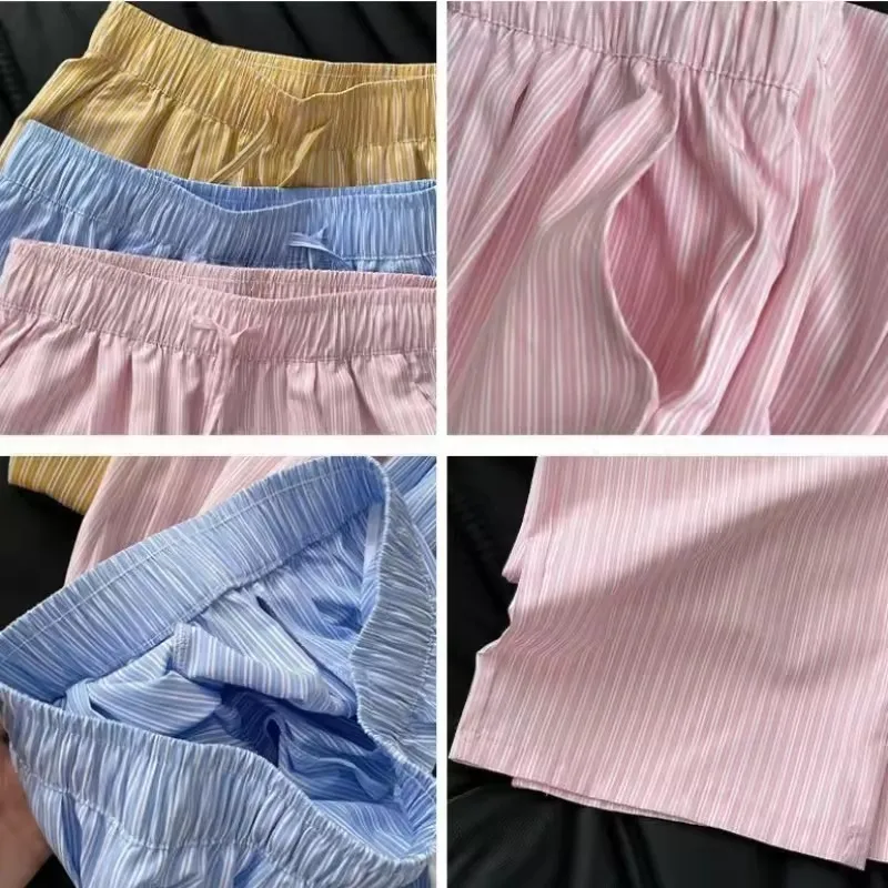 5XL Korean Striped Pockets Full Length Pants Women Spring Summer Thin High Waist Drawstring Loose Casual Straight Trousers