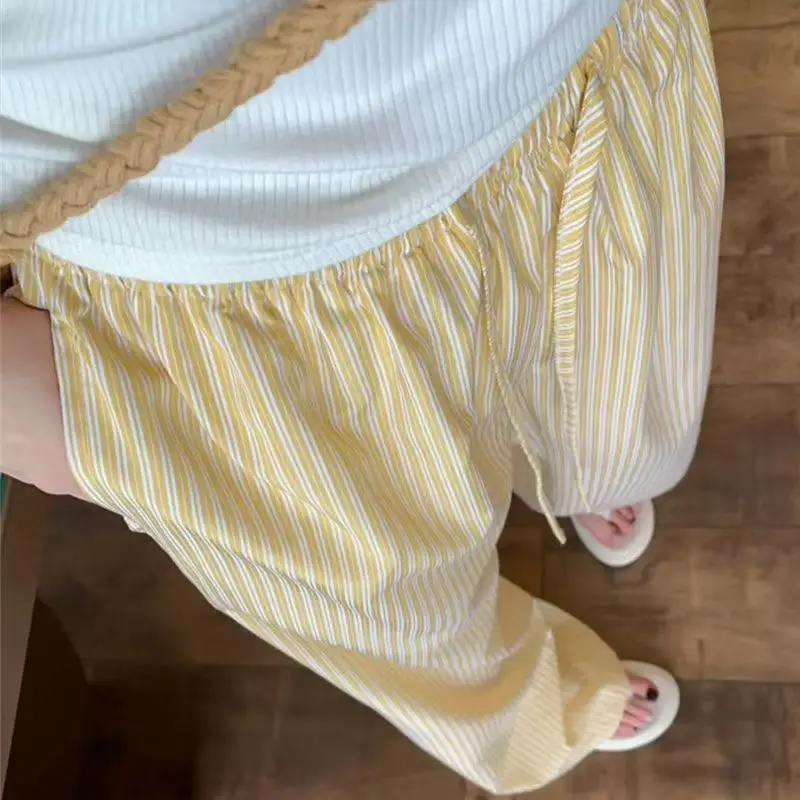 5XL Korean Striped Pockets Full Length Pants Women Spring Summer Thin High Waist Drawstring Loose Casual Straight Trousers