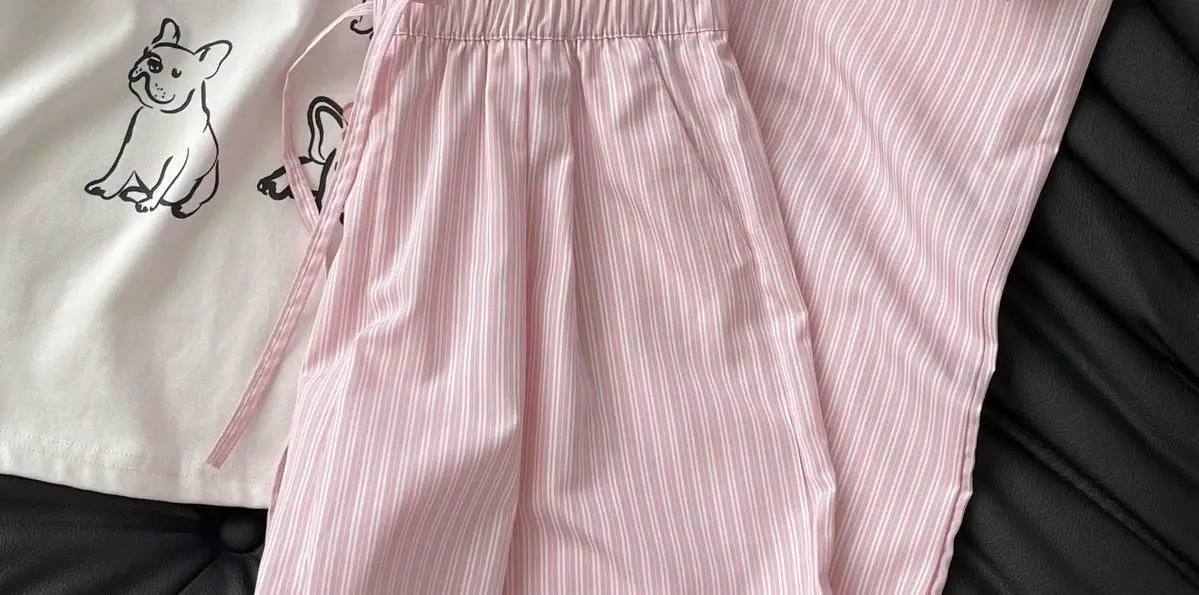 5XL Korean Striped Pockets Full Length Pants Women Spring Summer Thin High Waist Drawstring Loose Casual Straight Trousers