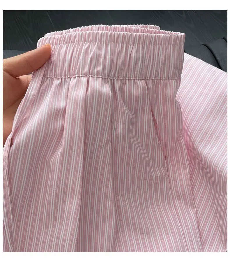 5XL Korean Striped Pockets Full Length Pants Women Spring Summer Thin High Waist Drawstring Loose Casual Straight Trousers