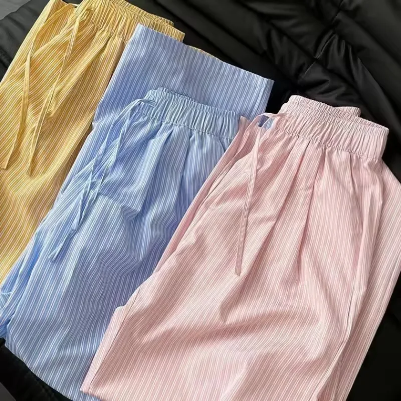 5XL Korean Striped Pockets Full Length Pants Women Spring Summer Thin High Waist Drawstring Loose Casual Straight Trousers