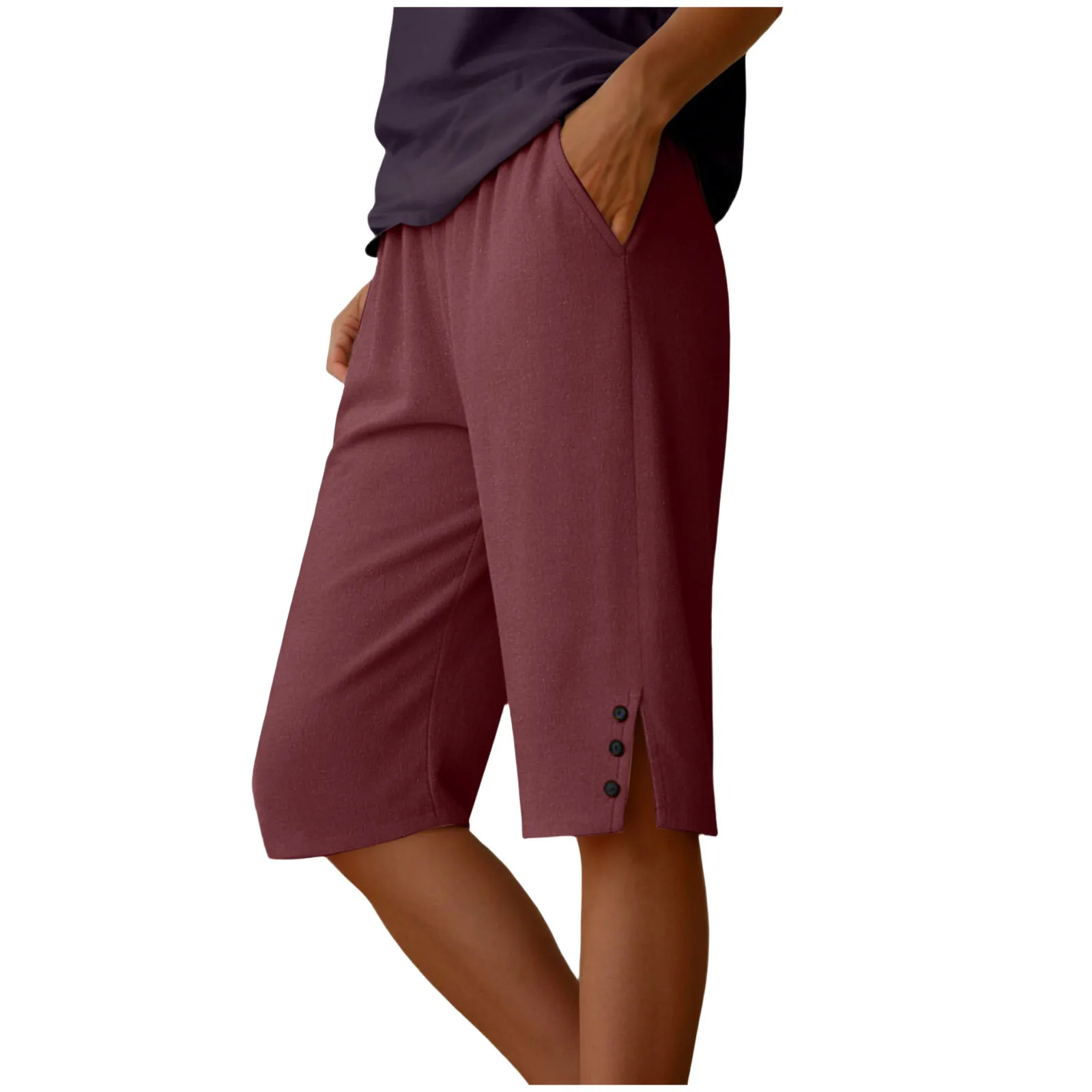Womens Capris Pants Elastic Waist Casual Cropped Trousers Solid Color Beach Shorts Summer Knee-Length Pants With Pockets