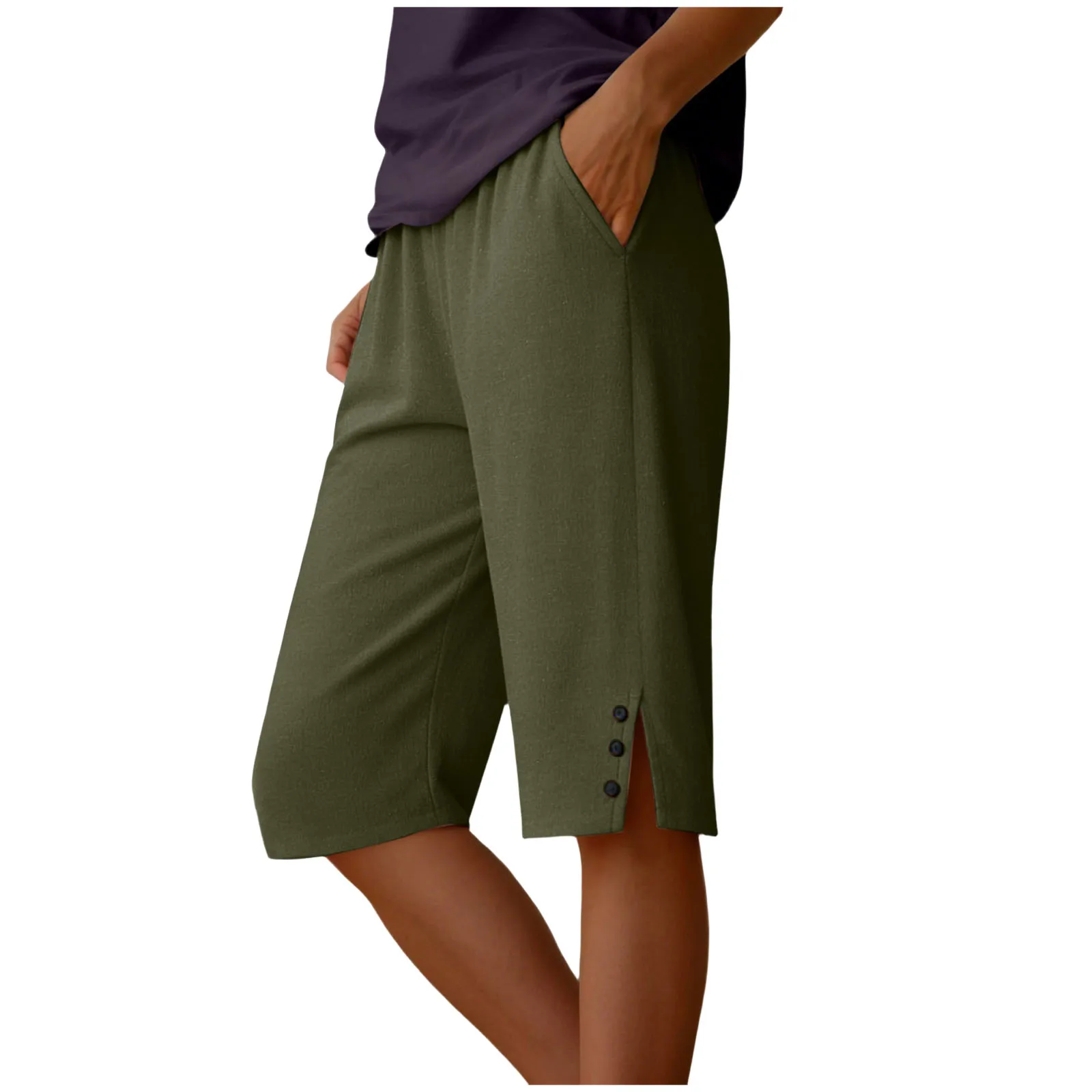 Womens Capris Pants Elastic Waist Casual Cropped Trousers Solid Color Beach Shorts Summer Knee-Length Pants With Pockets