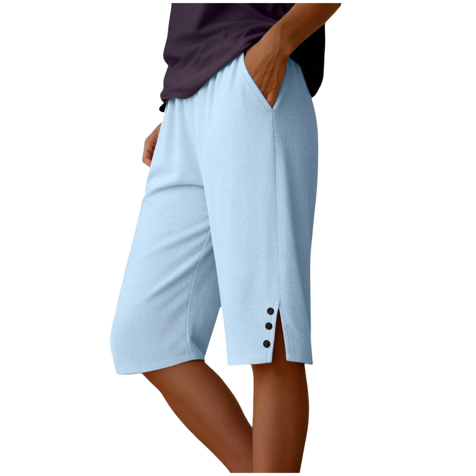 Womens Capris Pants Elastic Waist Casual Cropped Trousers Solid Color Beach Shorts Summer Knee-Length Pants With Pockets