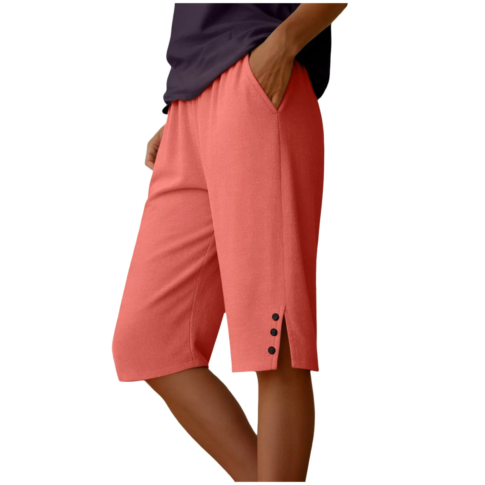 Womens Capris Pants Elastic Waist Casual Cropped Trousers Solid Color Beach Shorts Summer Knee-Length Pants With Pockets