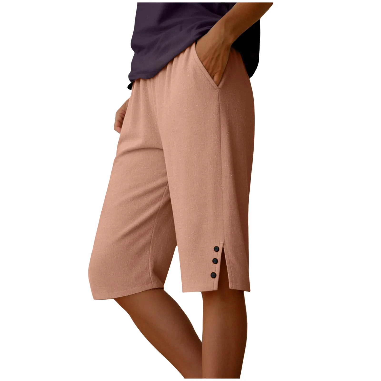 Womens Capris Pants Elastic Waist Casual Cropped Trousers Solid Color Beach Shorts Summer Knee-Length Pants With Pockets