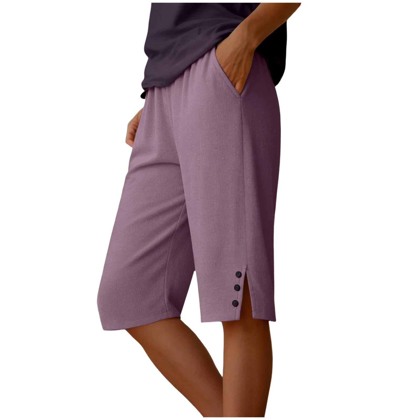 Womens Capris Pants Elastic Waist Casual Cropped Trousers Solid Color Beach Shorts Summer Knee-Length Pants With Pockets