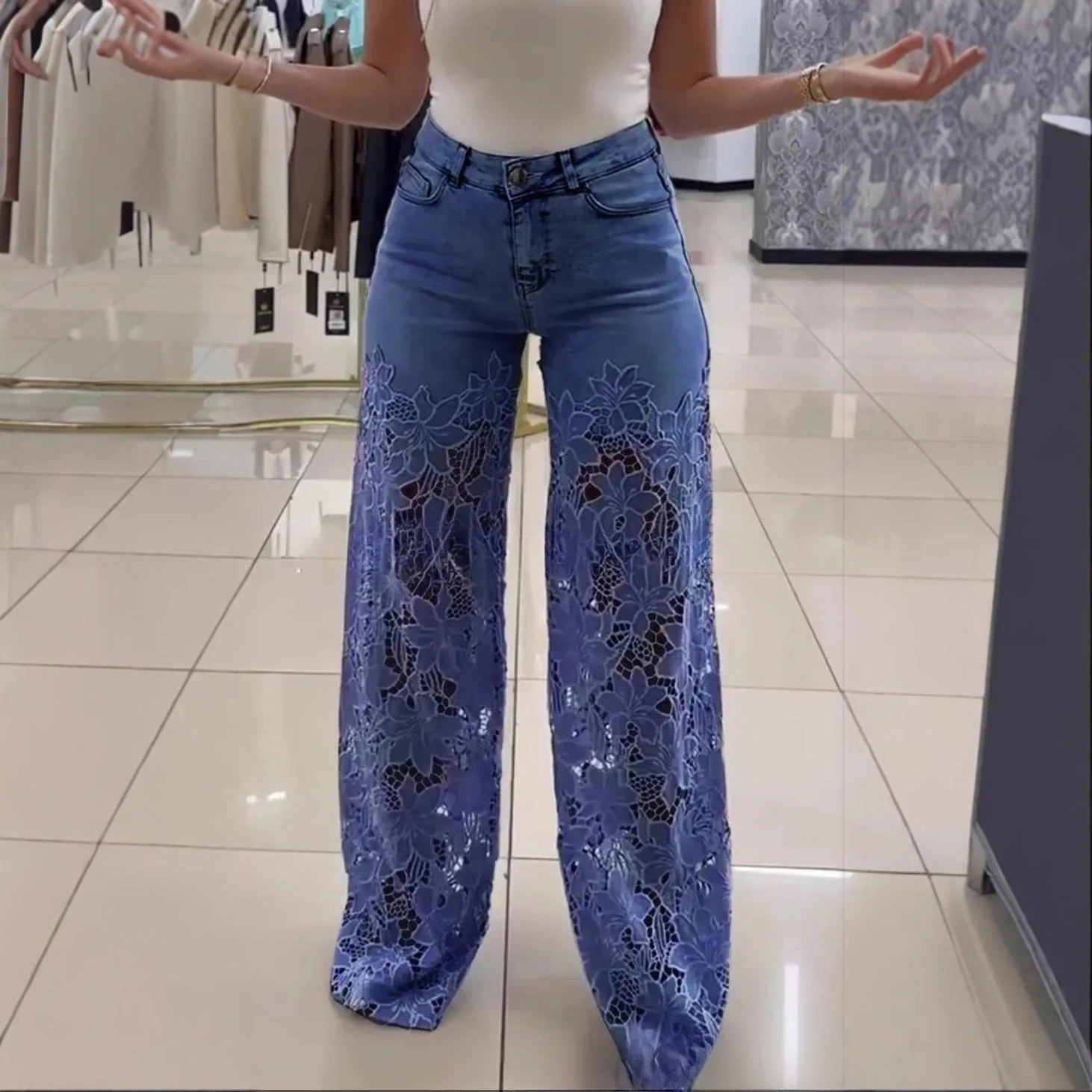 Japanese and Korean Casual Women's Pants with Lace Patchwork and Hollowed Out Jeans, Elegant Temperament, Spring New Product