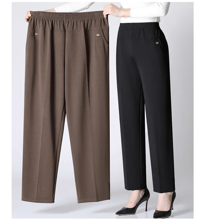 Spring Autumn Women Long Pants 2025New Elastic High Waist Casual Middle and Old Mom Pants Winter Plushed Warm Straight Pants 8XL