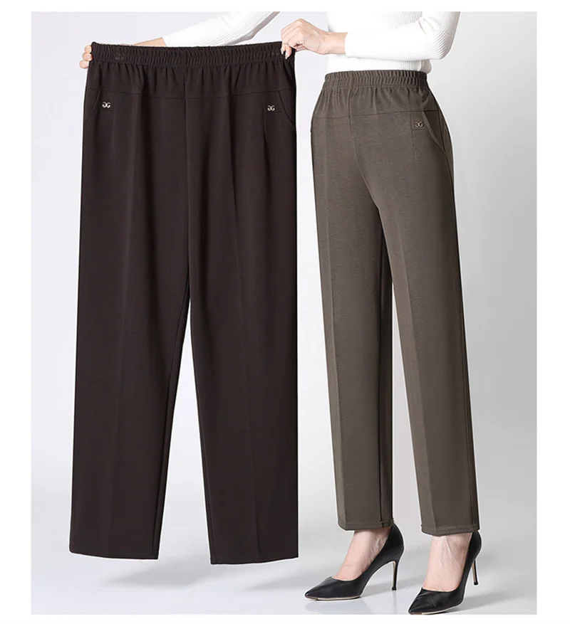 Spring Autumn Women Long Pants 2025New Elastic High Waist Casual Middle and Old Mom Pants Winter Plushed Warm Straight Pants 8XL