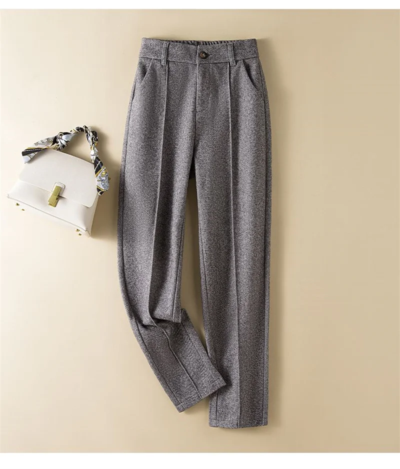 Women's Herringbone Woolen Trousers Autumn Winter Fleece Thicken Straight Harem Pants Suit Pants Female Warm Casual Pants 2025