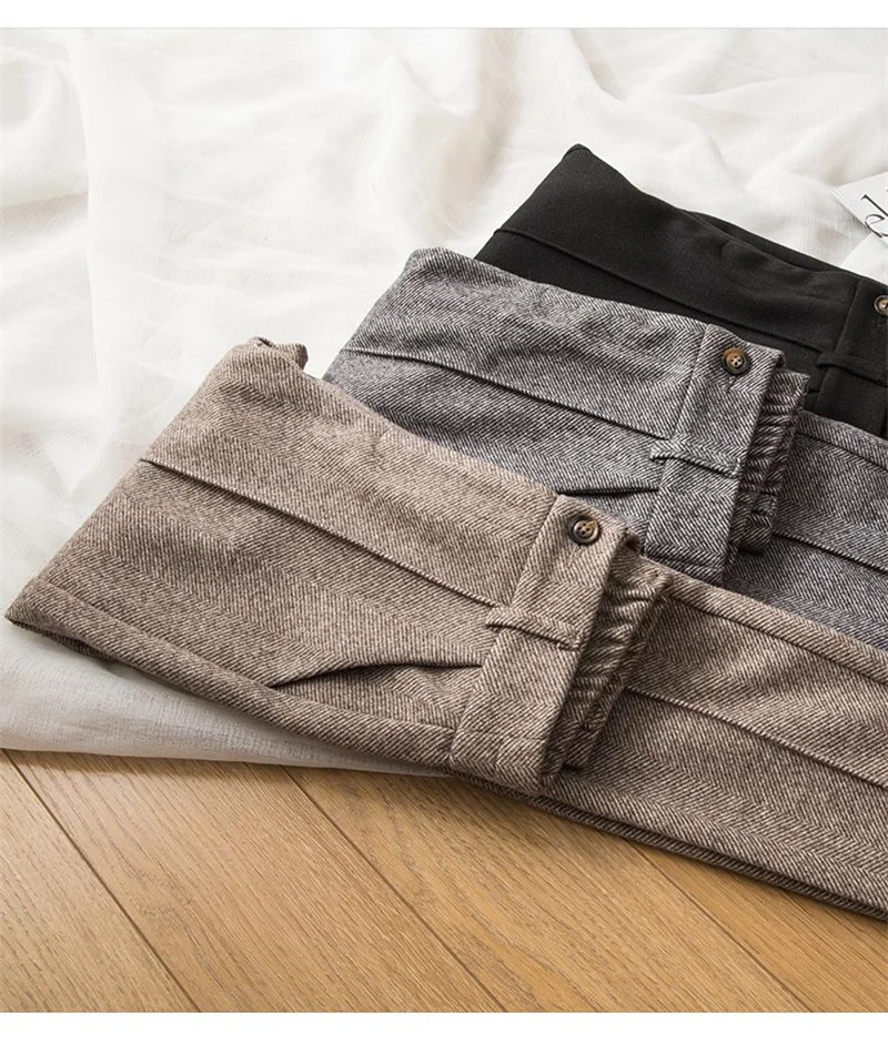 Women's Herringbone Woolen Trousers Autumn Winter Fleece Thicken Straight Harem Pants Suit Pants Female Warm Casual Pants 2025