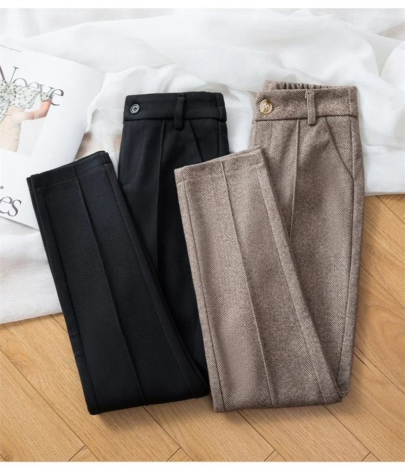 Women's Herringbone Woolen Trousers Autumn Winter Fleece Thicken Straight Harem Pants Suit Pants Female Warm Casual Pants 2025