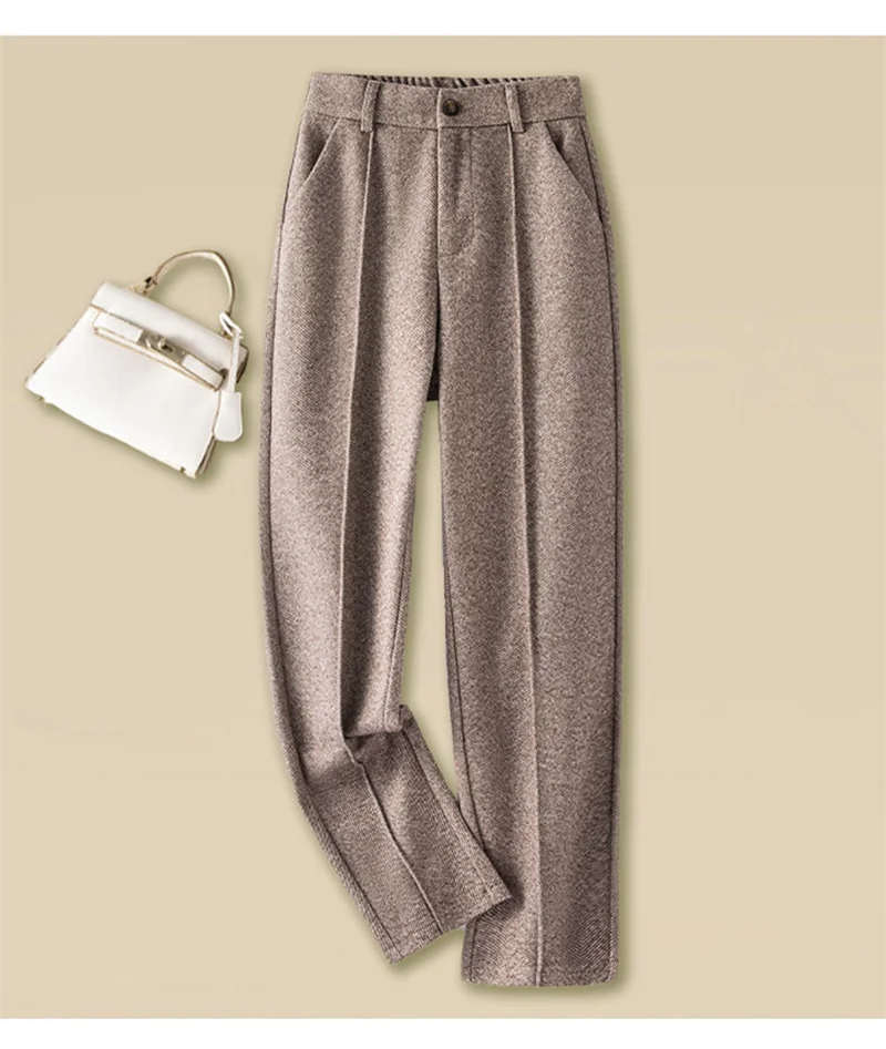 Women's Herringbone Woolen Trousers Autumn Winter Fleece Thicken Straight Harem Pants Suit Pants Female Warm Casual Pants 2025