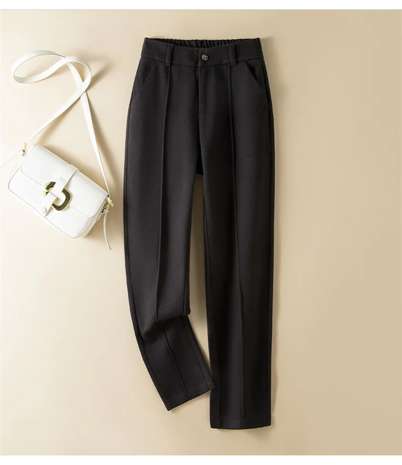 Women's Herringbone Woolen Trousers Autumn Winter Fleece Thicken Straight Harem Pants Suit Pants Female Warm Casual Pants 2025