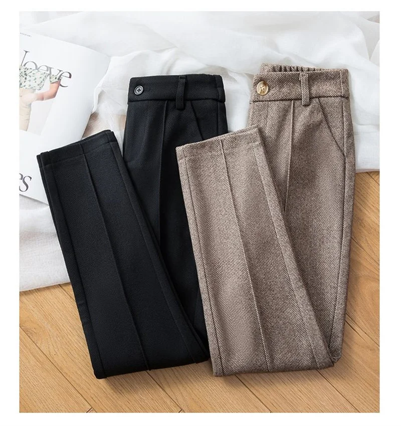 Women's Herringbone Woolen Trousers Autumn Winter Fleece Thicken Straight Harem Pants Suit Pants Female Warm Casual Pants 2025