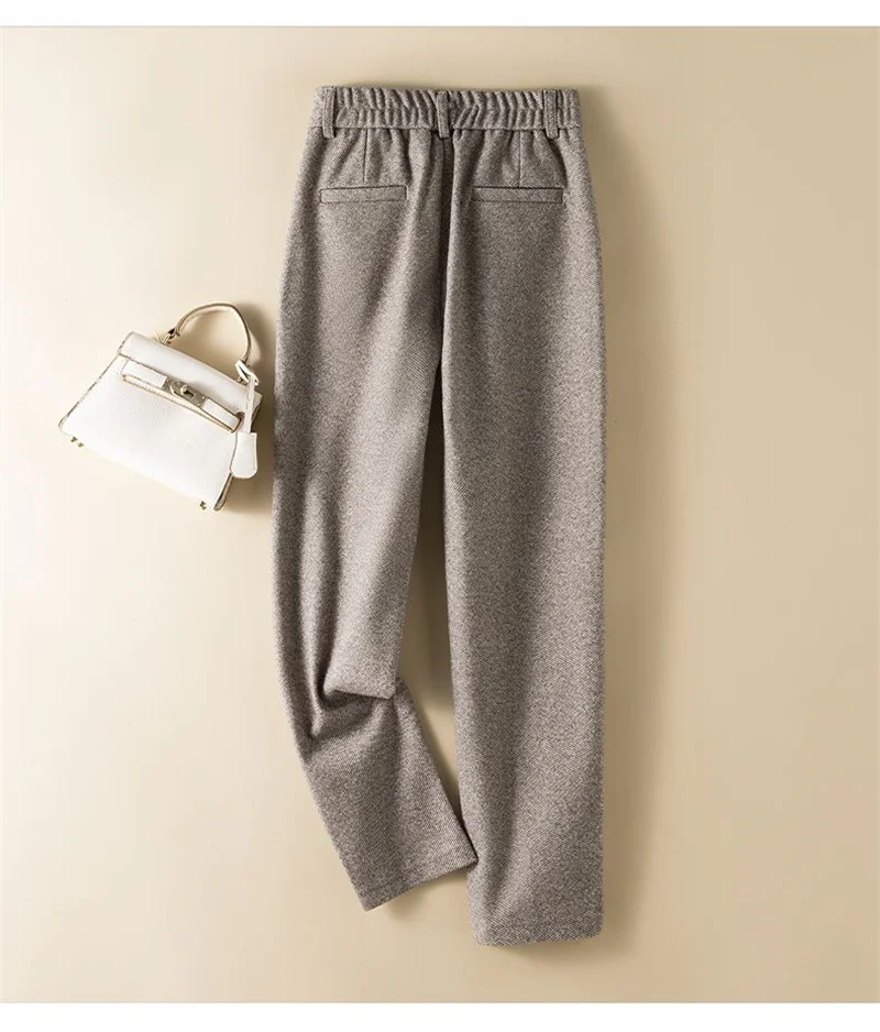 Women's Herringbone Woolen Trousers Autumn Winter Fleece Thicken Straight Harem Pants Suit Pants Female Warm Casual Pants 2025