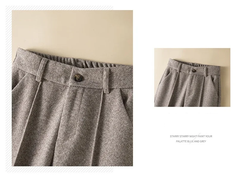 Women's Herringbone Woolen Trousers Autumn Winter Fleece Thicken Straight Harem Pants Suit Pants Female Warm Casual Pants 2025
