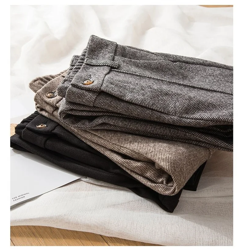 Women's Herringbone Woolen Trousers Autumn Winter Fleece Thicken Straight Harem Pants Suit Pants Female Warm Casual Pants 2025