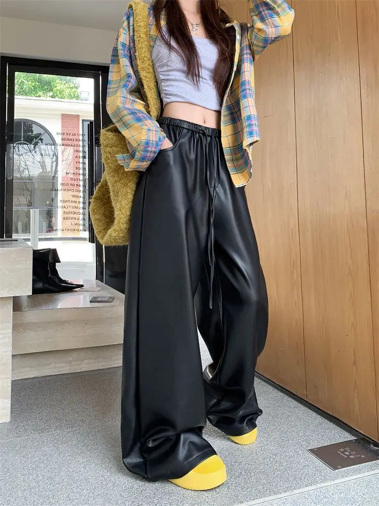 black PU leather casual pants women's autumn and winter high waist slimming straight leg  loose wide leg floor pants