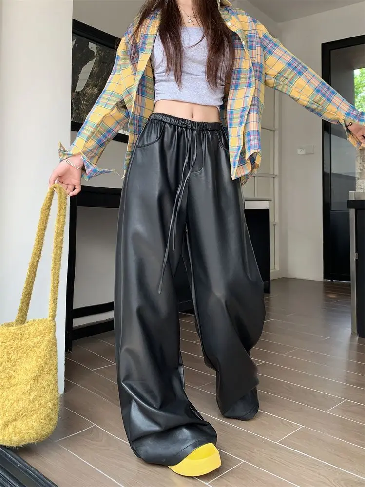 black PU leather casual pants women's autumn and winter high waist slimming straight leg  loose wide leg floor pants